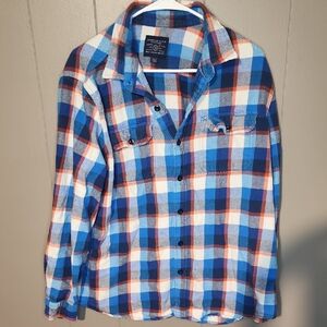 American Eagle Outfitters Blue White & Orange Plaid Flannel Shirt